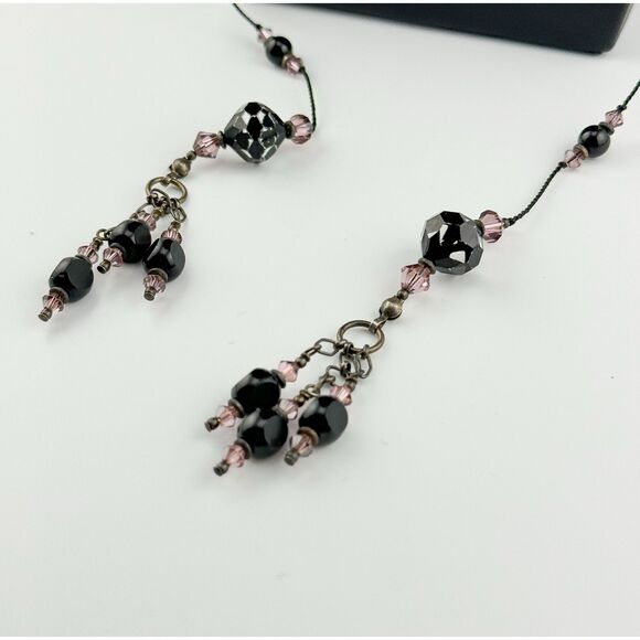 Vintage Lariat Necklace Black Pink Beads Glam Sparkle Boho Goth Luxury Versatile - Picture 3 of 7